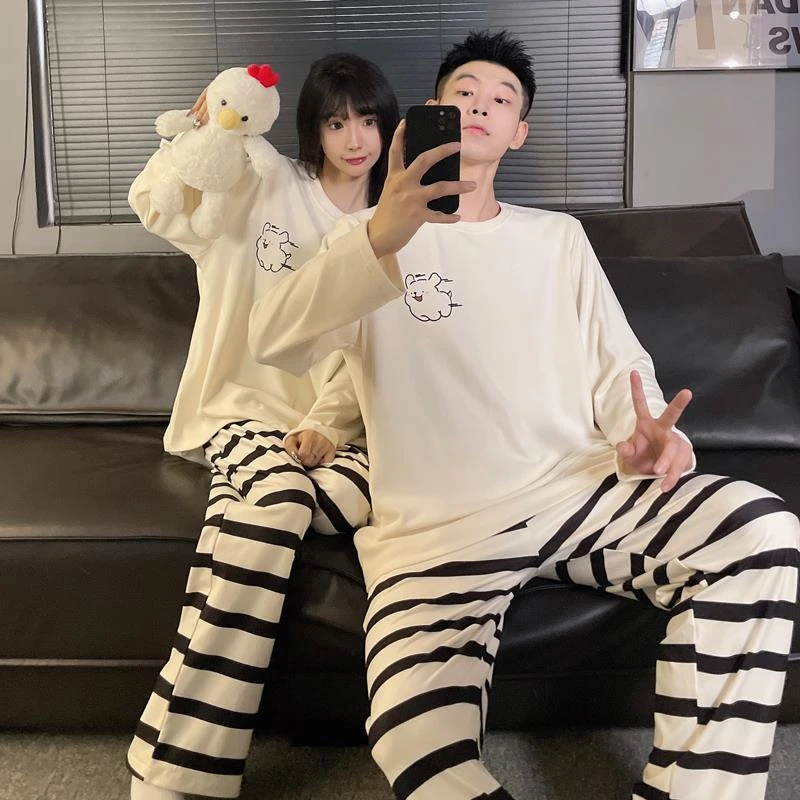 大码德绒睡衣情侣春秋冬季男女长袖卡通条纹发热保暖200斤家居服