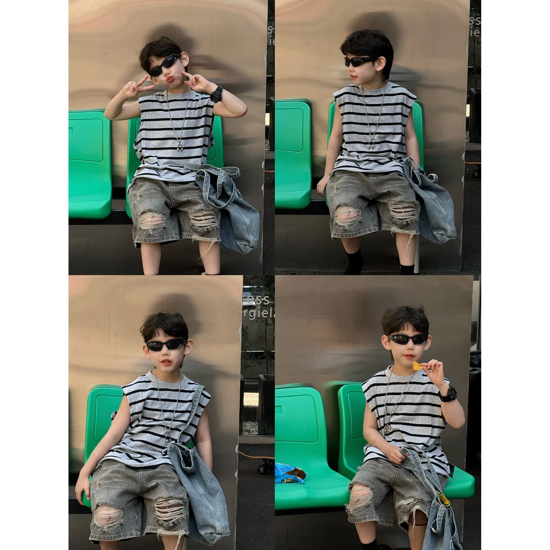 儿童夏装男童短袖t恤无袖背心外穿2025夏季新款宽松条纹上衣潮流