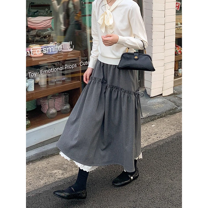 耶古气质深灰色木耳花边半身裙女秋季新款显瘦高腰系带a字中长裙