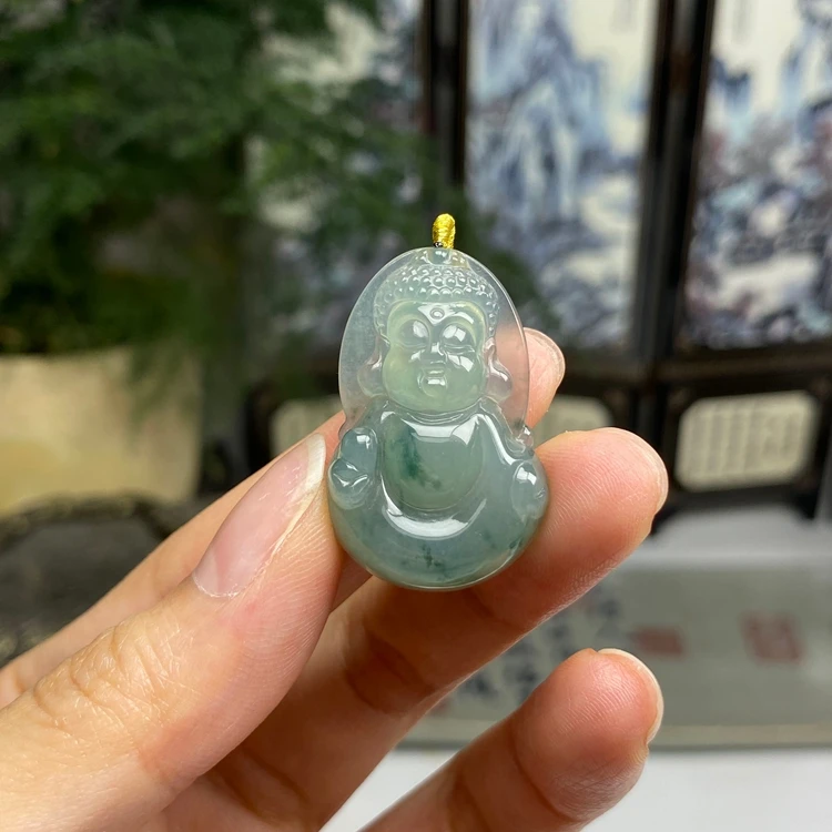 起光冰种飘花宝宝佛吊坠花件 天然翡翠A货