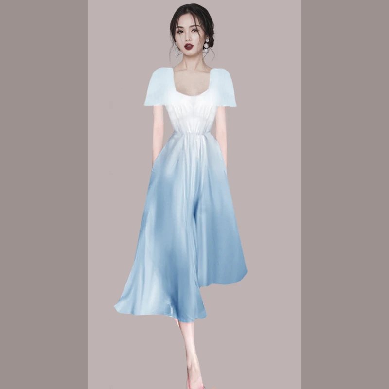 欧美设计感减龄气质仙女裙2025夏新款时尚渐变色蓝色雪纺连衣裙女