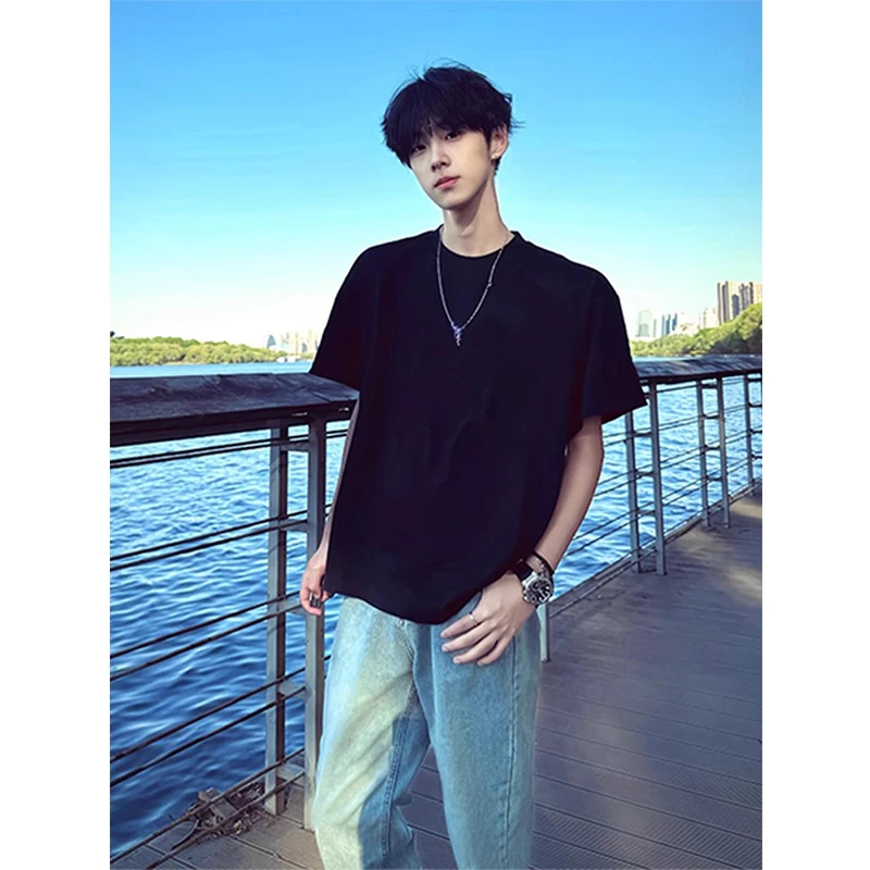 美式vintage黑色小领口短袖T恤男生ootd穿搭夏季宽松百搭半袖上衣