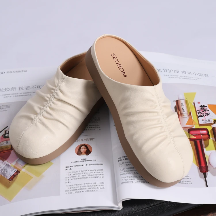 西町村屋设计褶皱极简半拖女夏季新款气质百搭平底拖鞋XHAB20014