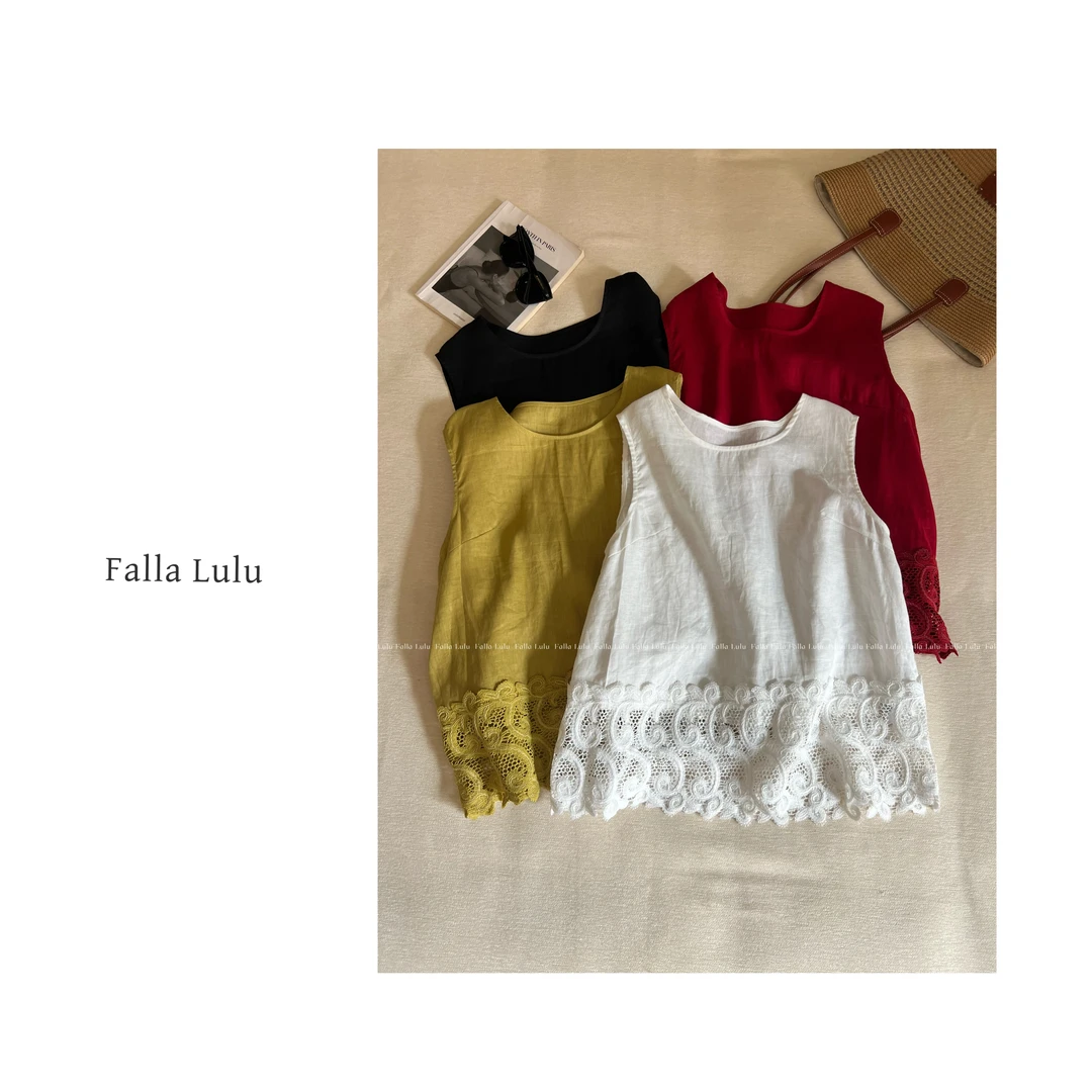 【蕾丝无袖】韩里韩气简约麻麻料高级拼接无袖上衣  A5956