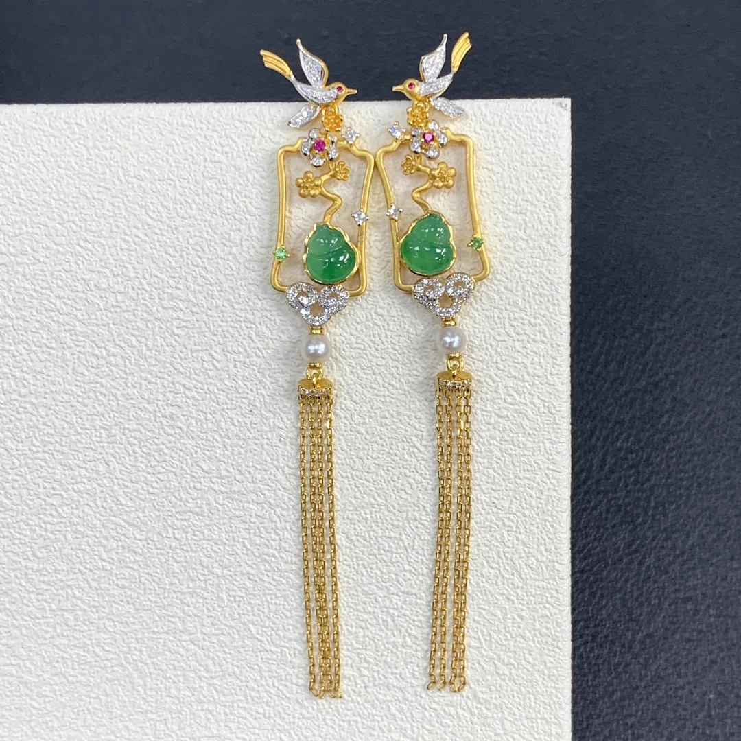 附自然光视频国风设计款葫芦翡翠玉石耳钉耳饰缅a流苏款