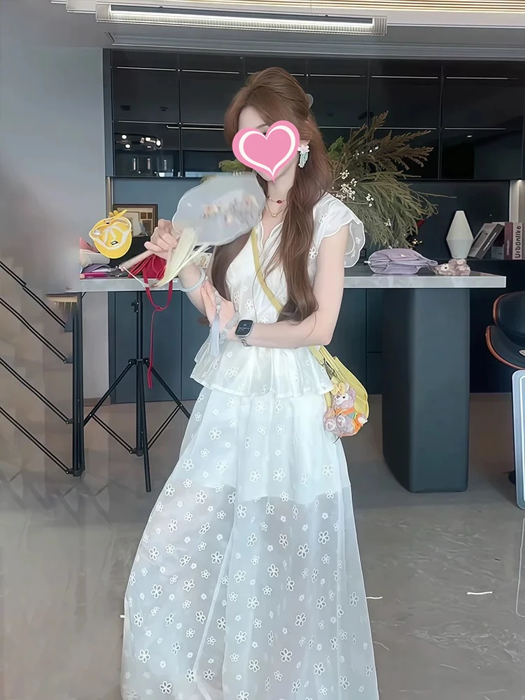 【运补5-8】纯欲V领短袖蕾丝衫上衣夏季新款宽松显瘦高腰阔腿裤套装