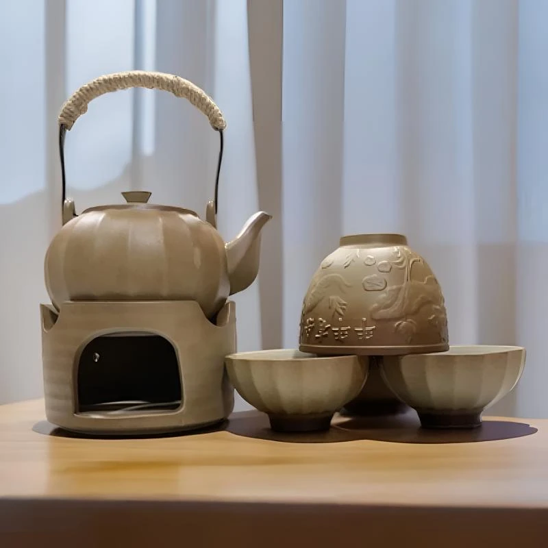复古手提粗陶功夫茶具温酒煮茶壶围炉煮茶器配三杯128