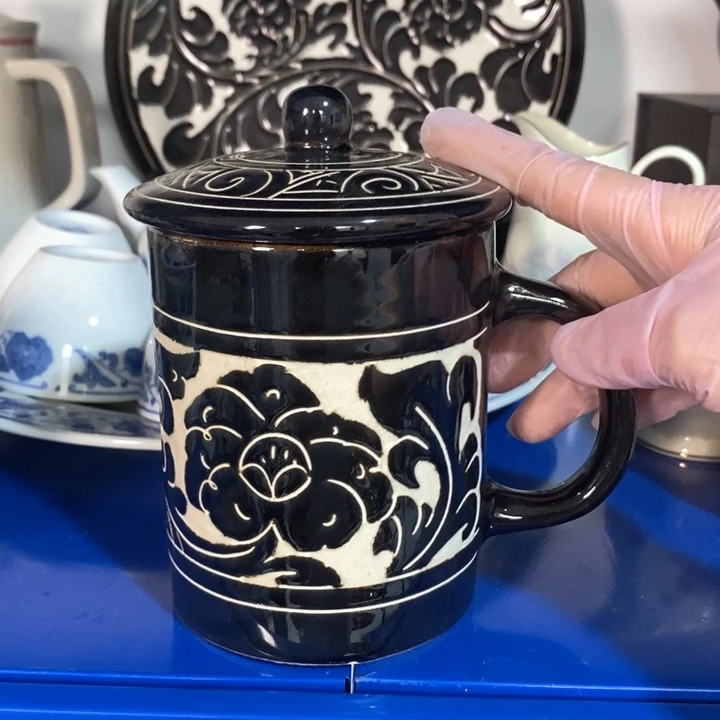 瓷片磁州窑黑刻盖杯约500ml微瑕疵