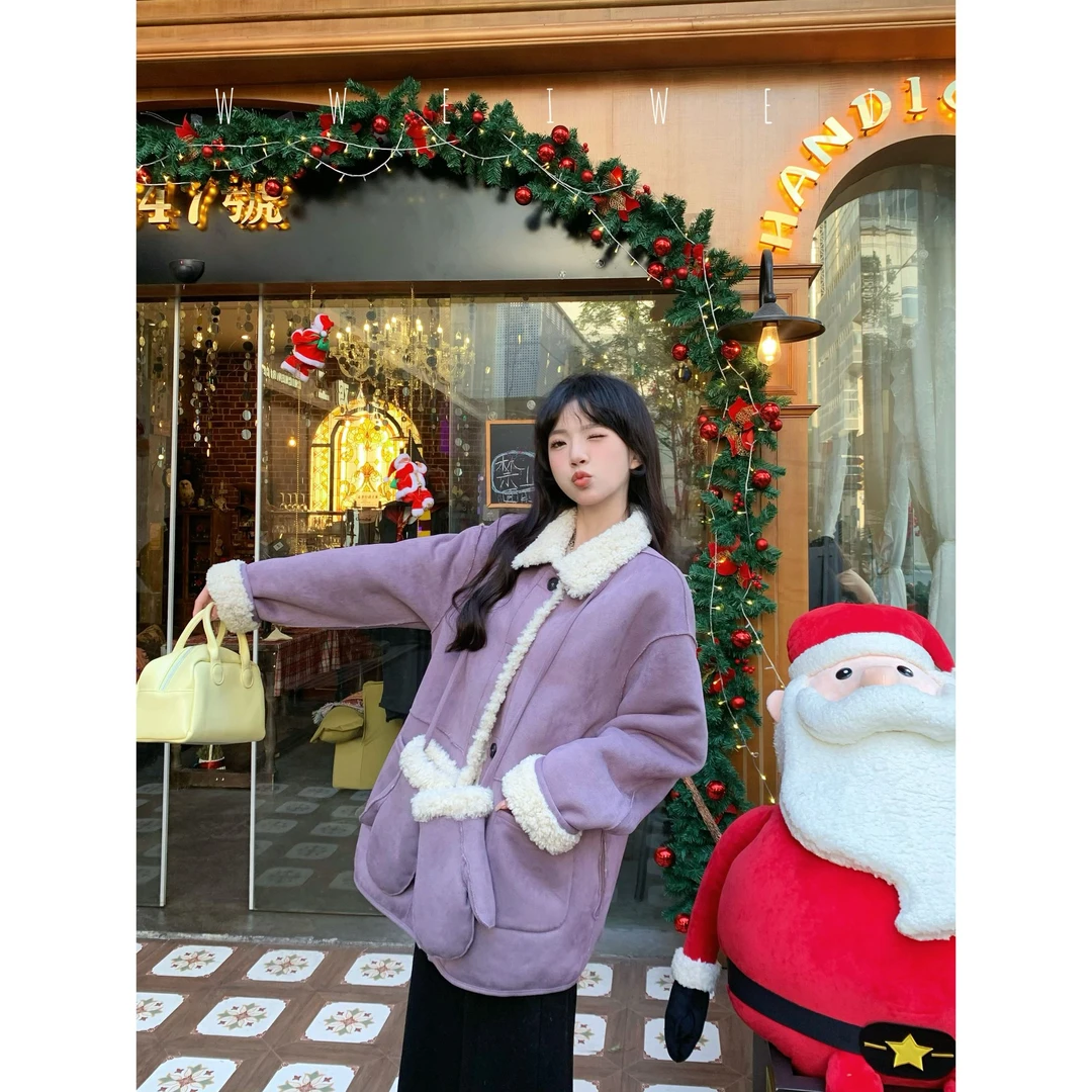 王玮玮【松子雪球】韩版宽松显瘦百搭翻领羊羔毛撞色双面穿毛呢外套