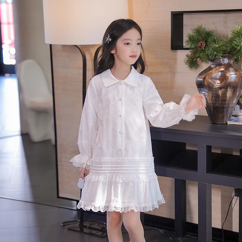 80798女童连衣裙2025新款秋装蕾丝花边时尚长袖独特设计感衬衫裙