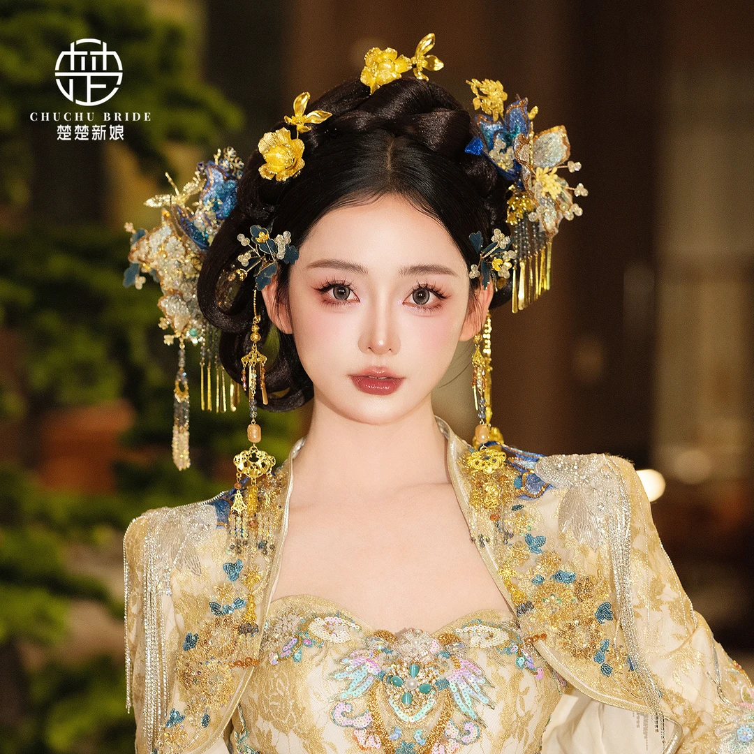 2025新款秀禾头饰中式古风金色流苏新娘头饰蓝色布花高级结婚饰品