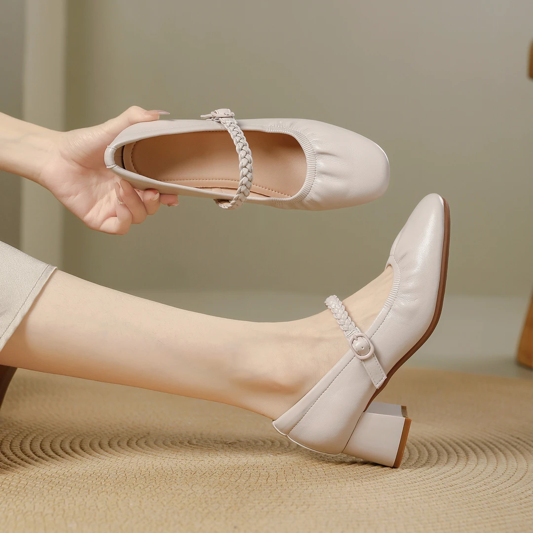 真皮玛丽珍女鞋2025新款法式百搭粗跟皮鞋编织带浅口高跟气质单鞋