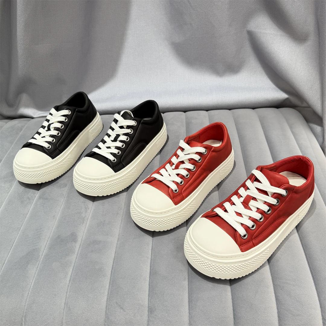 欧洲站乐魔女鞋2025秋新款欧货胎牛皮厚底系带面包鞋百搭休闲板鞋