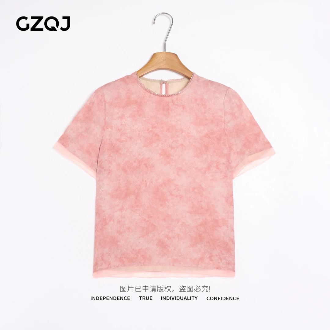 广州琴姐【妃光缚霞】人丝桑蚕丝国风扎染圆领短袖T恤上衣女夏7536