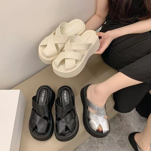 厚底复古包头半拖鞋女夏季外穿2025新款小个子增高编织镂空凉拖鞋