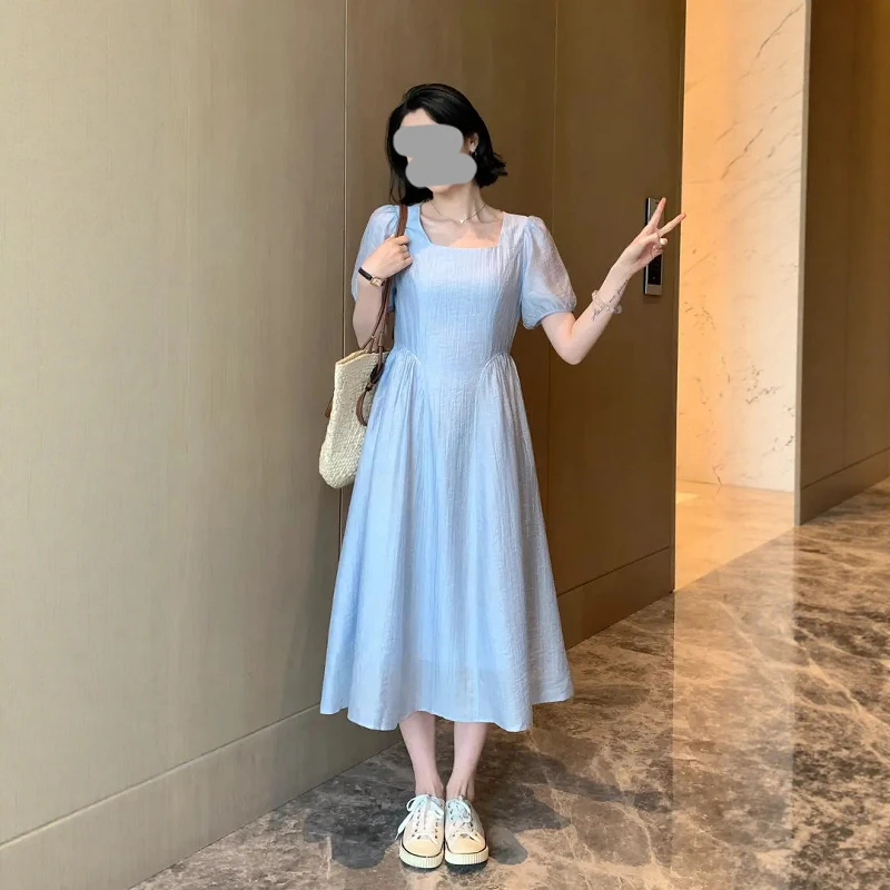 法式设计感纯色u领连衣裙女2025夏季新款极简风气质收腰显瘦长裙