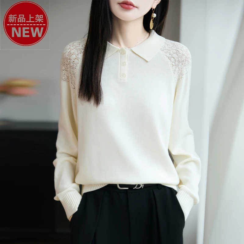 品牌时尚长袖翻领宽松欧若风肩部镂空气质优雅套头百搭休闲针织衫