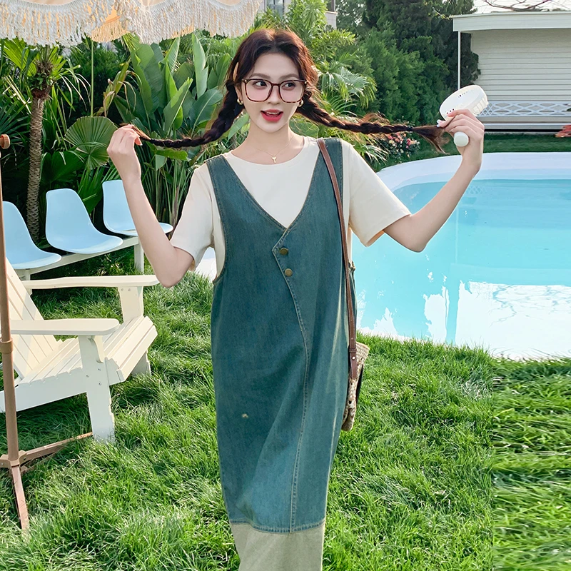 港味复古牛仔背带裙女夏季2025新款韩系宽松显瘦无袖背心裙两件套