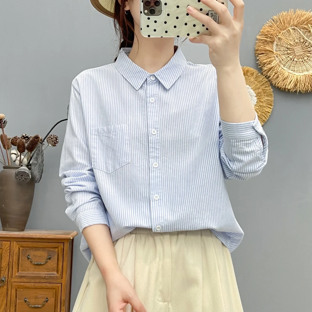 春秋文艺清新牛津纺条纹全棉长袖衬衫女宽松休闲百搭上衣衬衣