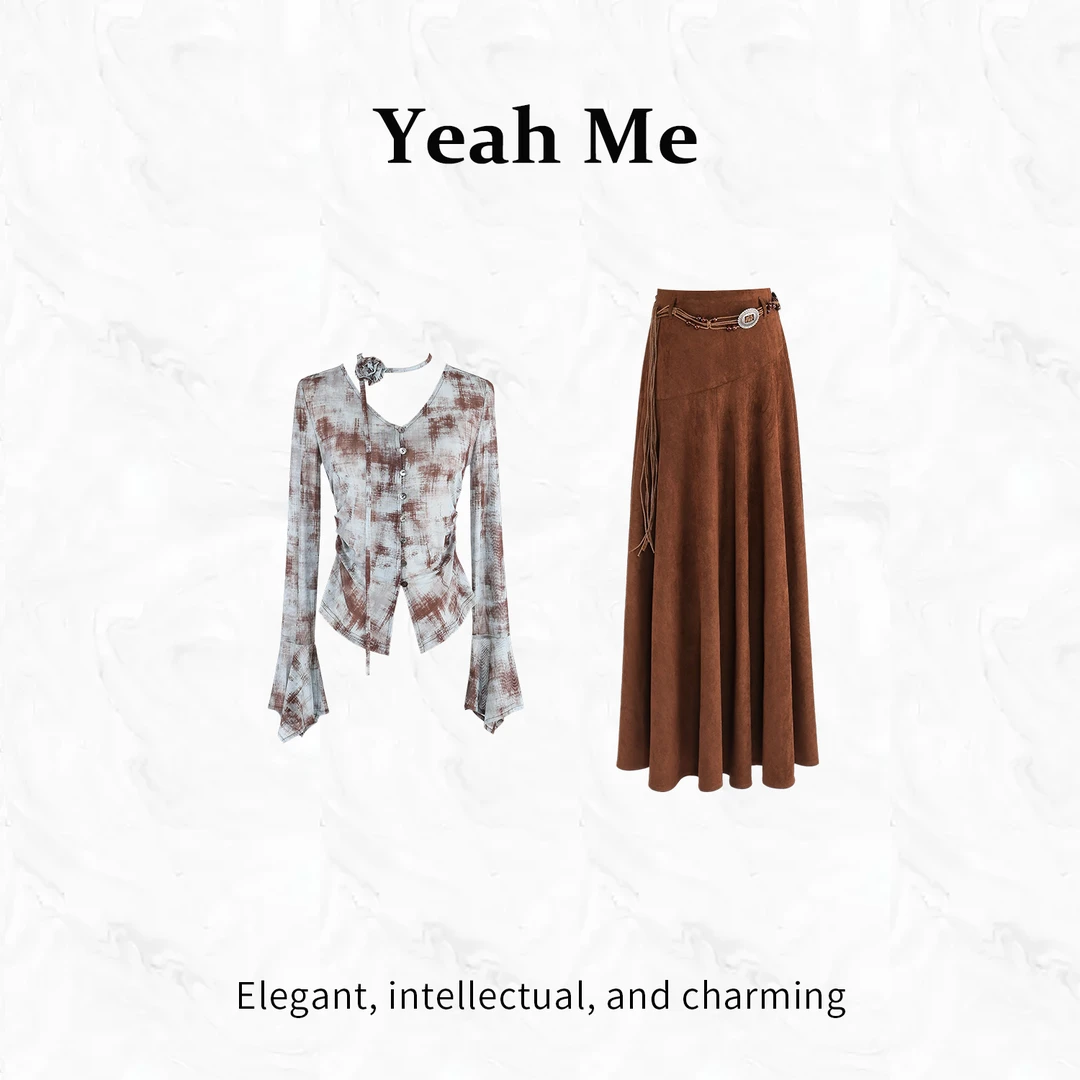 Yeah Me/也觅【琥珀流光】秋季新款法式复古牛仔半身裙套装早秋穿搭