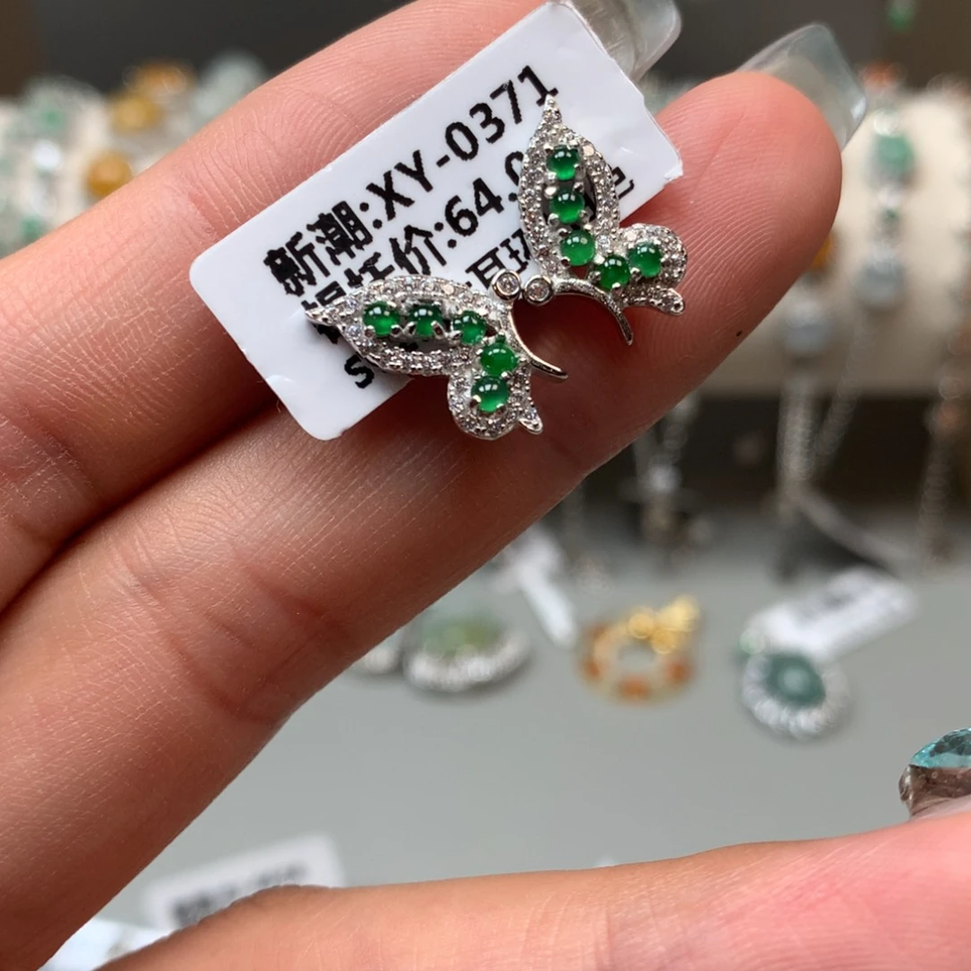 翡翠戒指银S925镶嵌耳钉