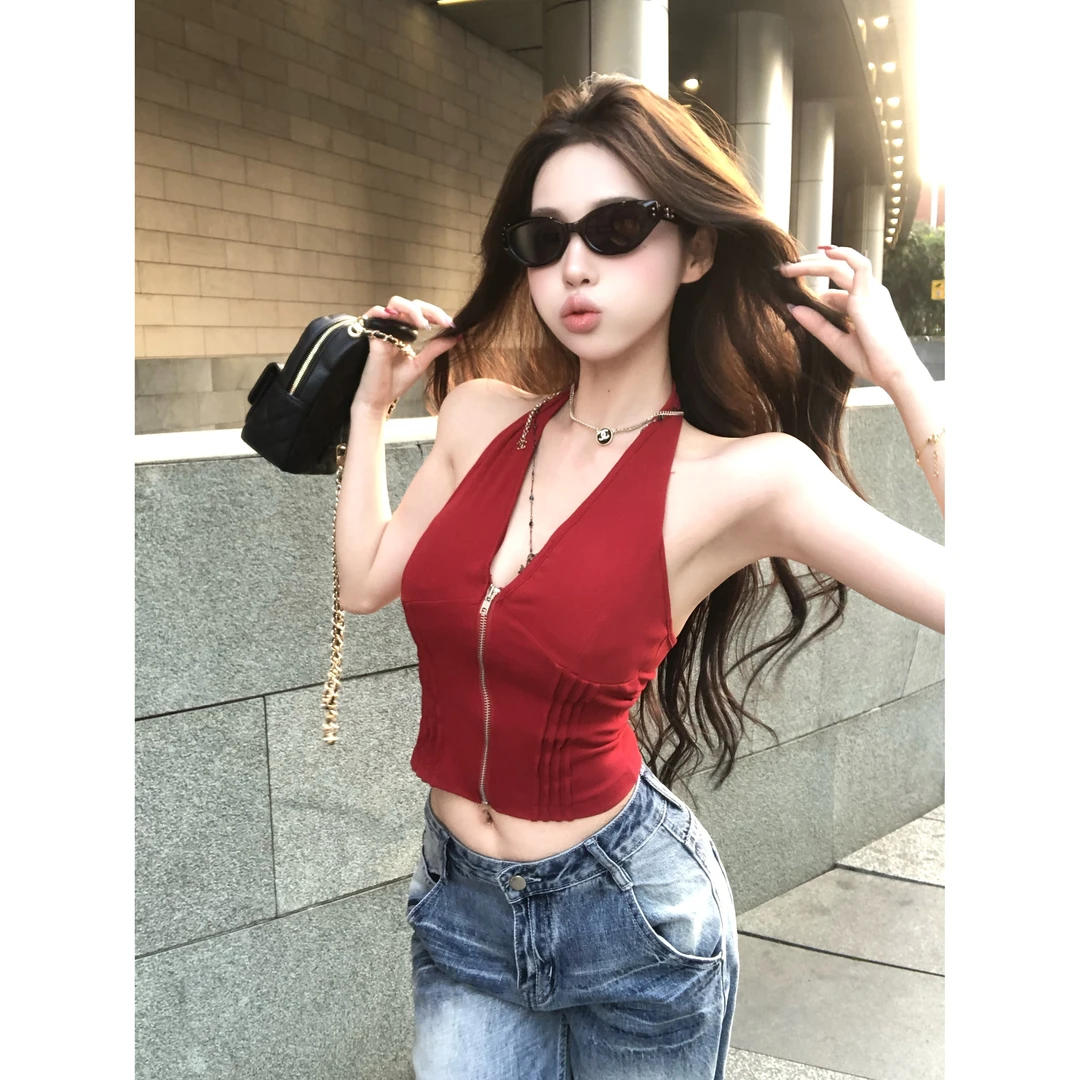 夏季法式复古辣妹性感V领挂脖吊带背心女收腰绑带拉链上衣带胸垫