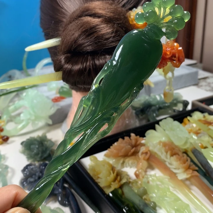 未镶嵌蛇纹石玉发簪绿**海