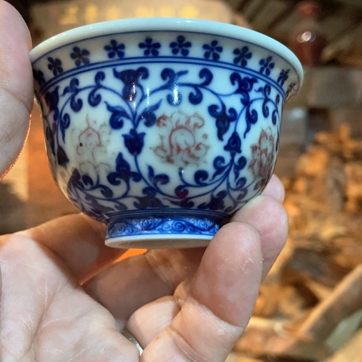 三哥柴窑青花釉里红压手杯