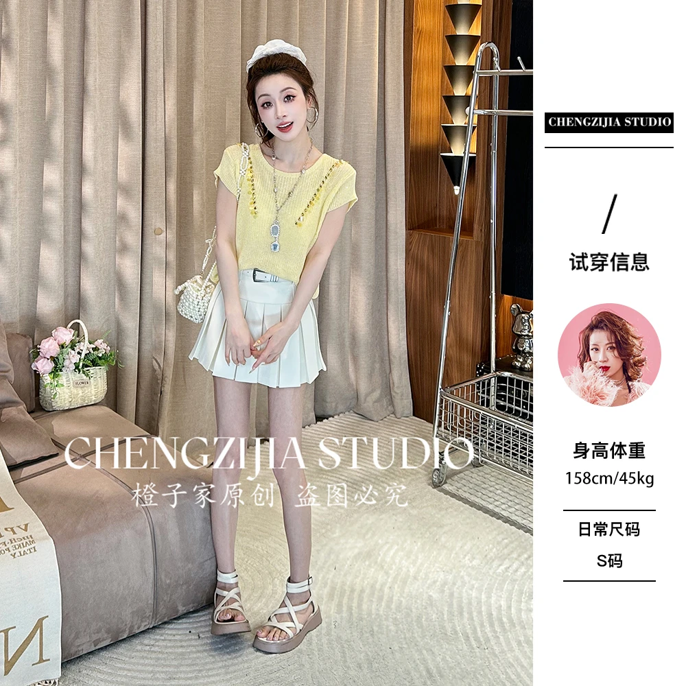 【裴诗婷】橙子·studio【】TX00035亮片背后镂空短袖上衣