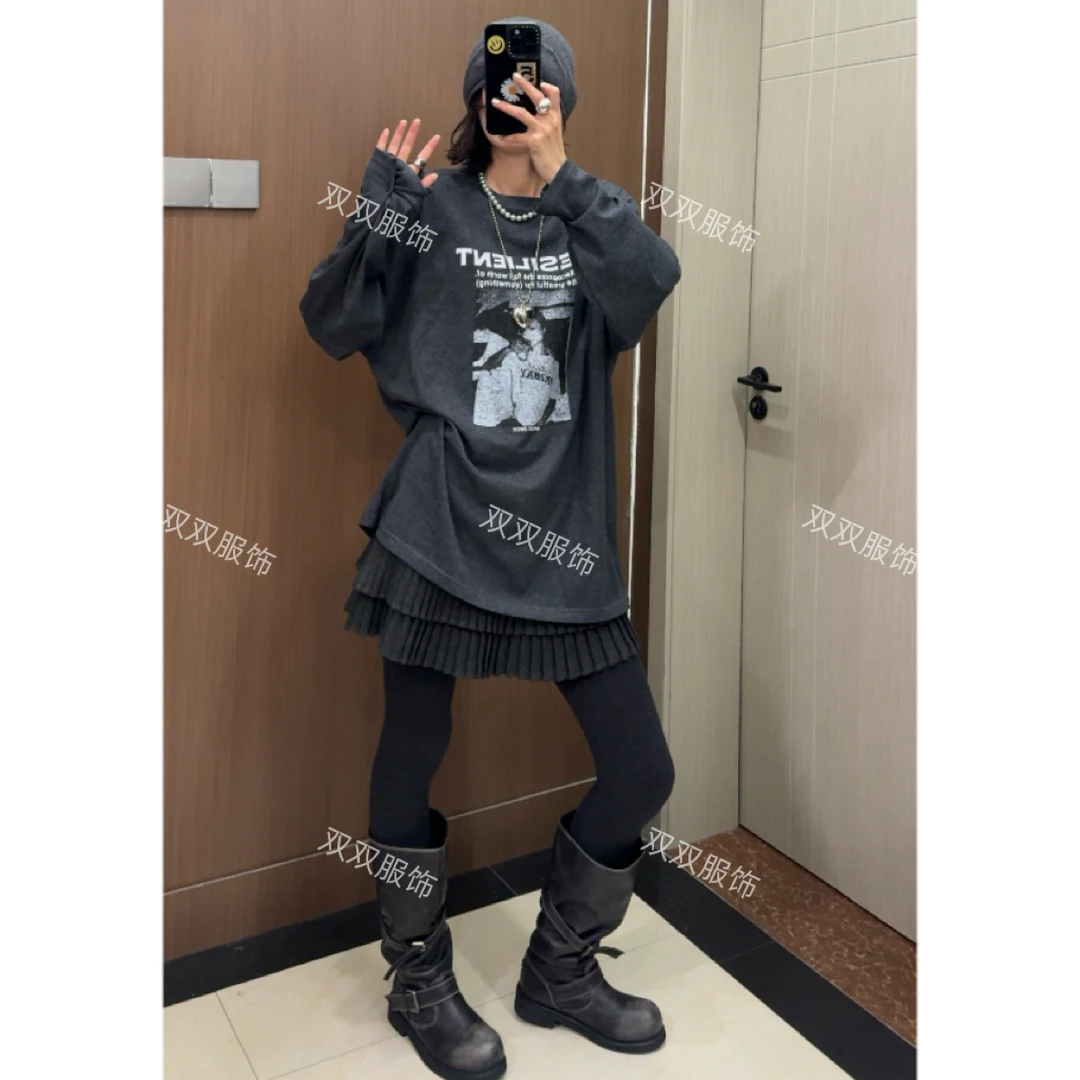 【SSOUHAN】欧美字母美女磨毛长袖秋冬叠穿T恤袖口打结款