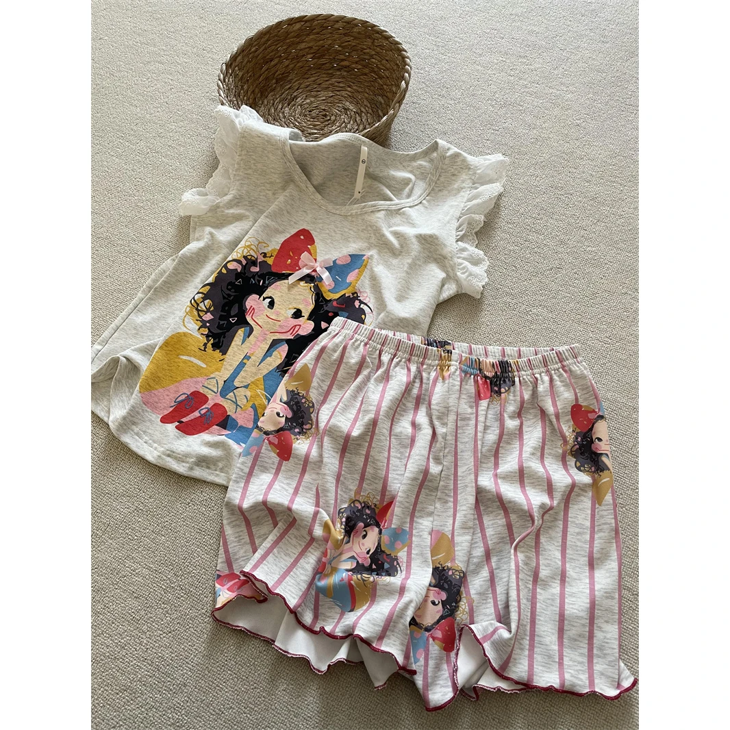 【DSYJ大睡衣家】蝴蝶结公主蕾丝袖边睡衣女夏季拼接背心家居服套装