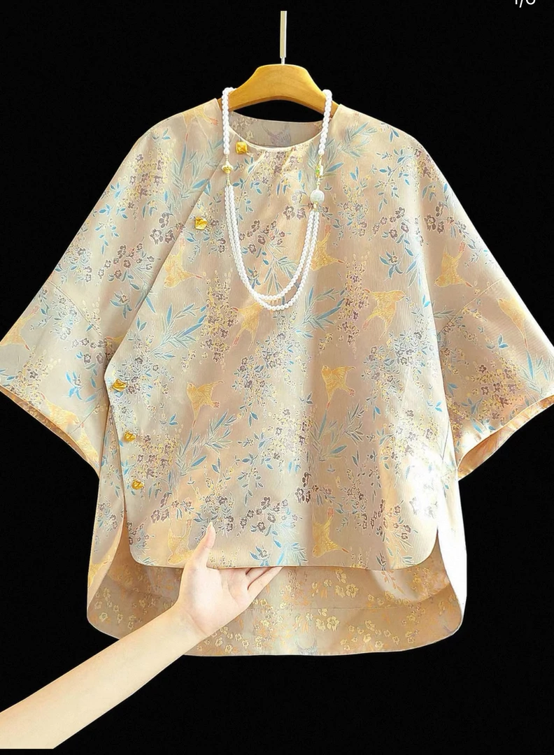 复古圆领桑蚕丝提花中式衬衫女夏季新款五分袖花萝宽松上衣