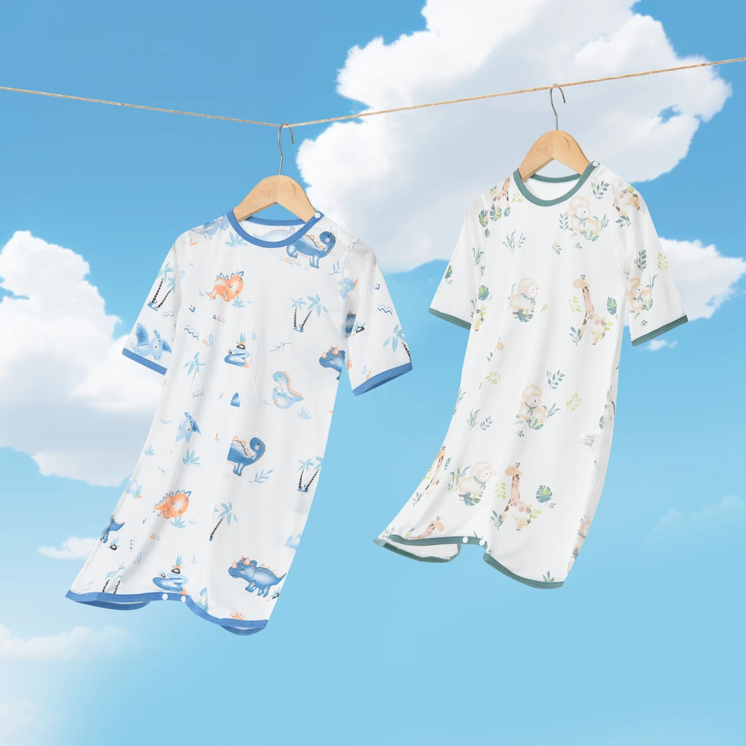 竹棉夏季婴儿防踢睡袍连体七分袖薄款男童睡袋宝宝睡袋防踢被夏季