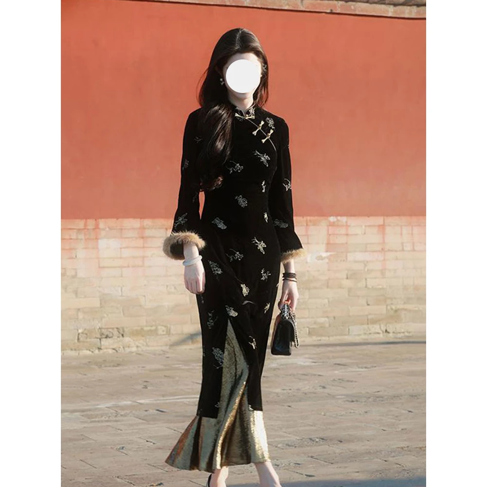 【雨墨】新中式国风复古假两件绣花水貂毛收腰显瘦旗袍裙秋冬冬季