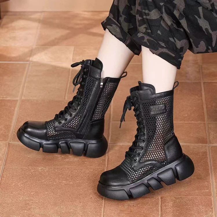 新款马丁靴女款2025年夏季透气厚底松糕厚底增高镂空舒适短靴单鞋