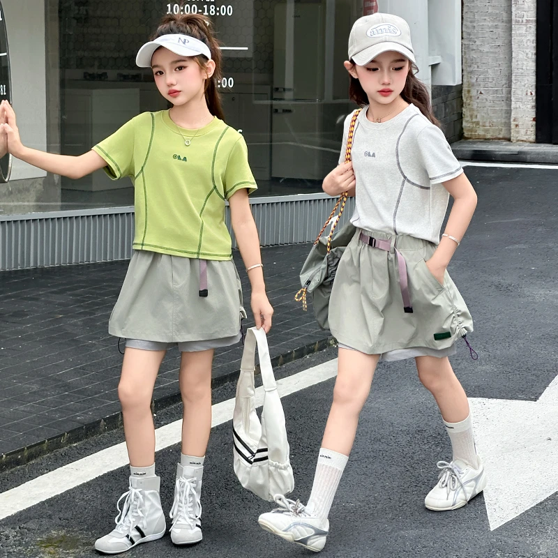 女童2025新款夏季新款时尚薄款T恤中大童洋气两件套工装裤裙套装