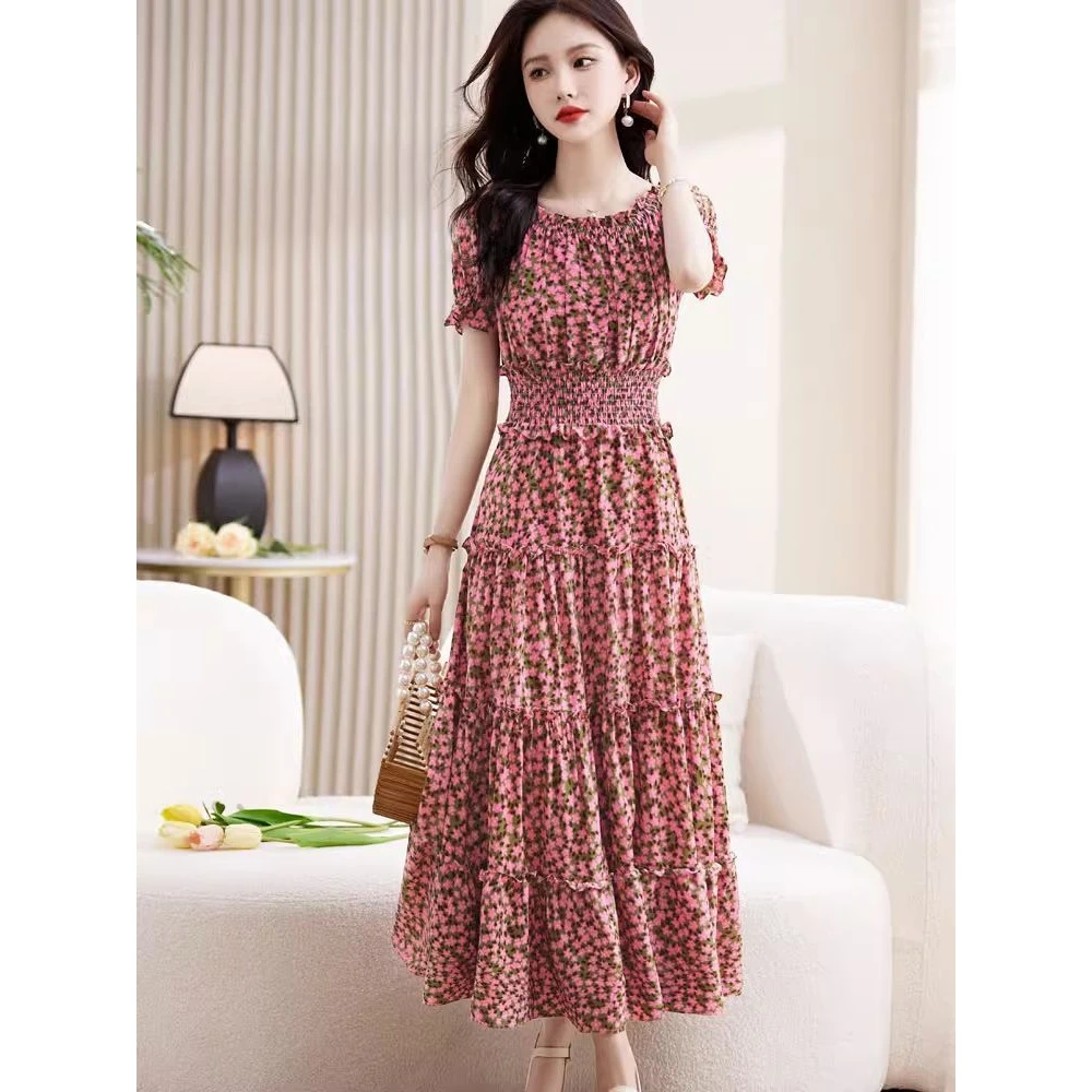 2025新款碎花雪纺连衣裙女夏季新款修身长款裙子法式气质高级感