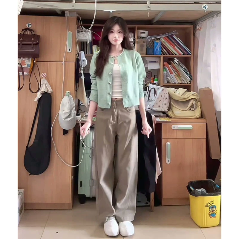 2025秋冬新款韩系穿搭宽松圆领长袖毛衣开衫百搭高腰显瘦阔腿长裤