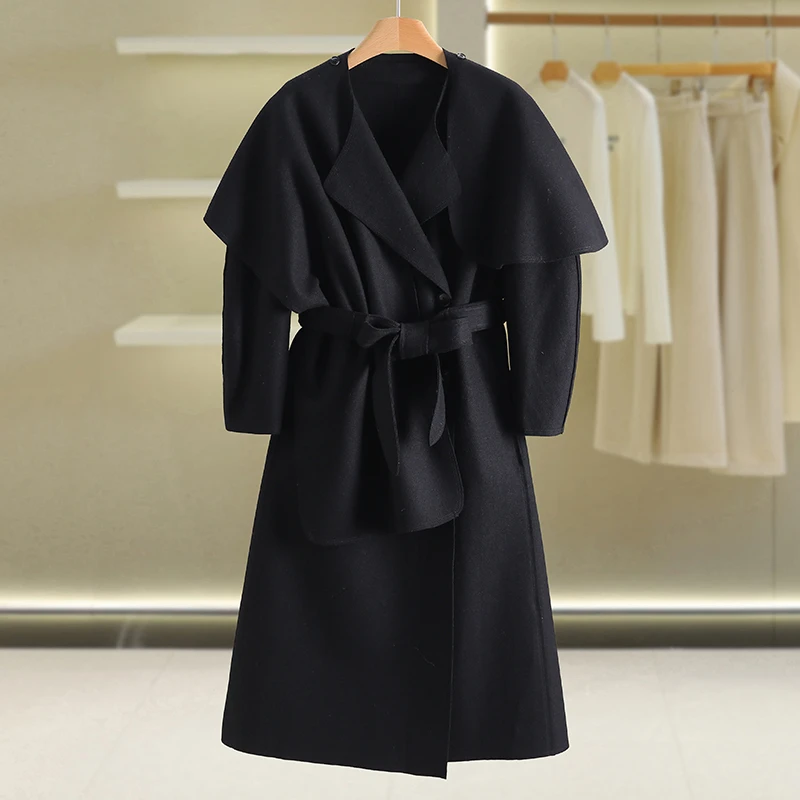 【伍莎-自营】绑带修身中长款毛呢外套#YZT48W010