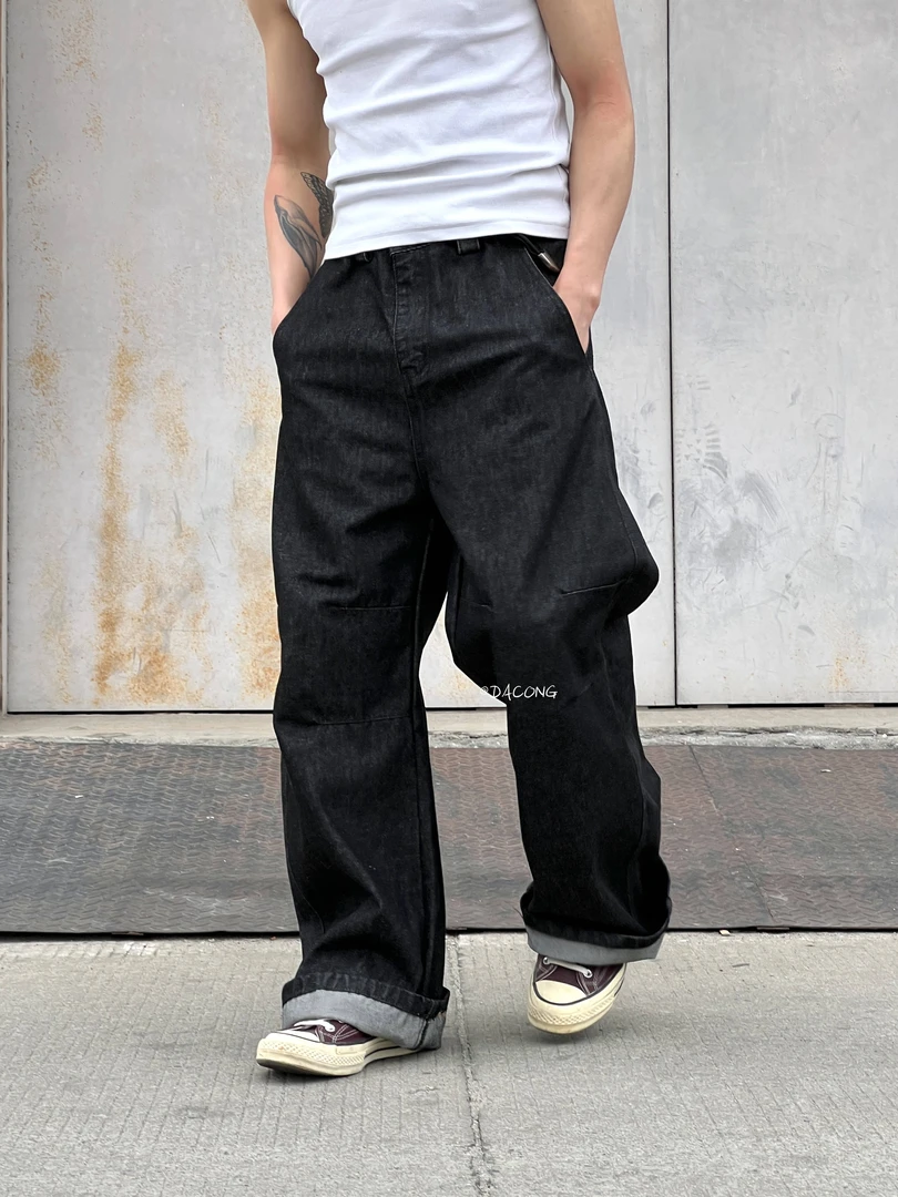 大葱美式原牛黑色直筒阔腿A字cleanfit牛仔裤低裆打褶宽松拖地裤