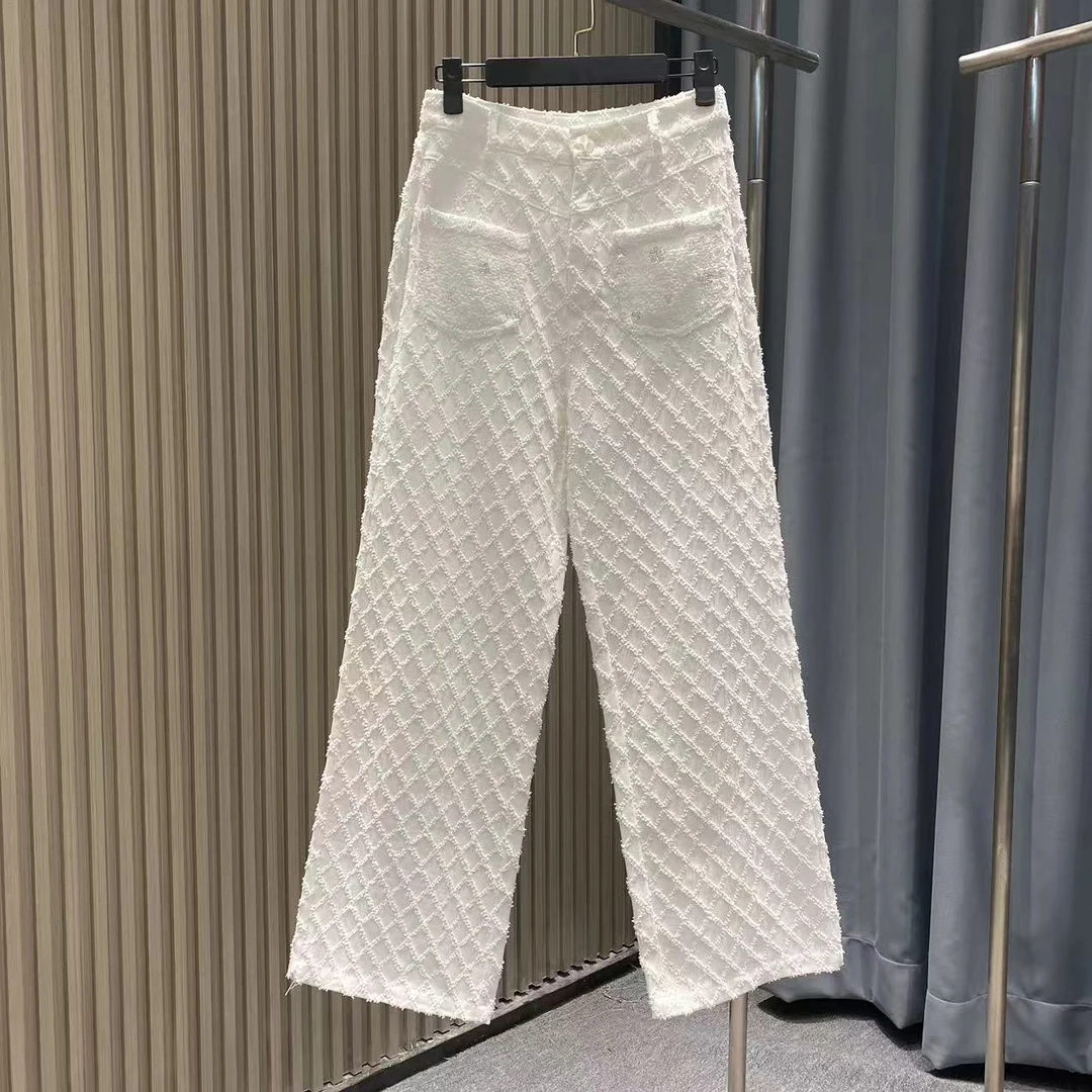 休闲显瘦白色纹理高腰时尚宽松百搭牛仔裤