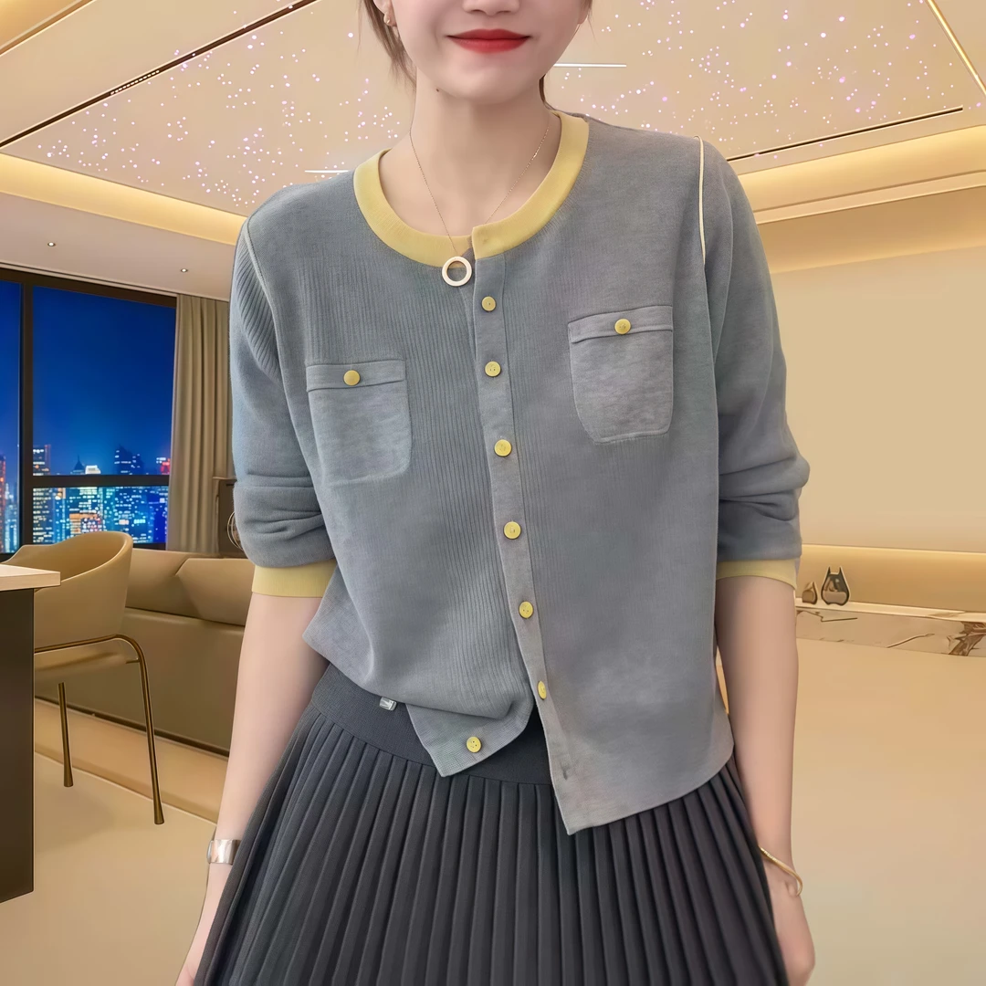 秋季气质圆领长袖针织开衫女2025新款时尚洋气撞色宽松薄款打底衫