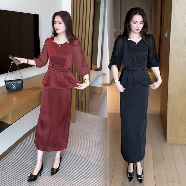 夏季新款穿搭气质显瘦遮肉时尚洋气休闲减龄收腰开叉假两件连衣裙