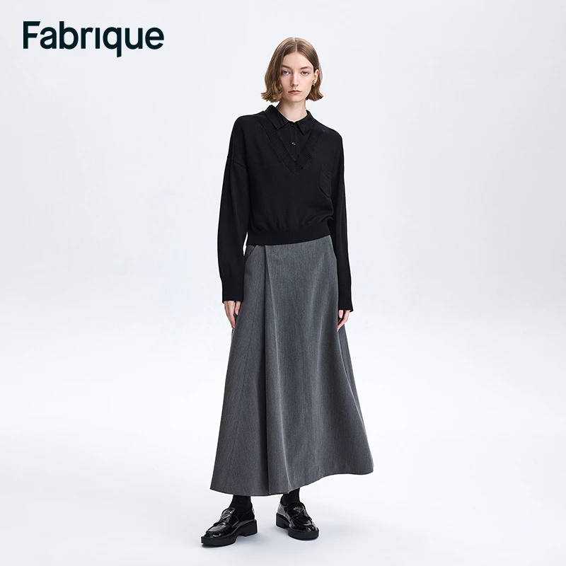 【达人专享】【Fabrique】新款经典黑衬衫领假两件美利奴绵羊毛针织衫