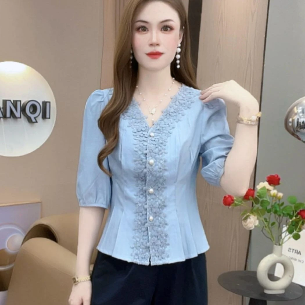 夏季新款V领设计感衬衫女洋气百搭显瘦气质减龄上衣