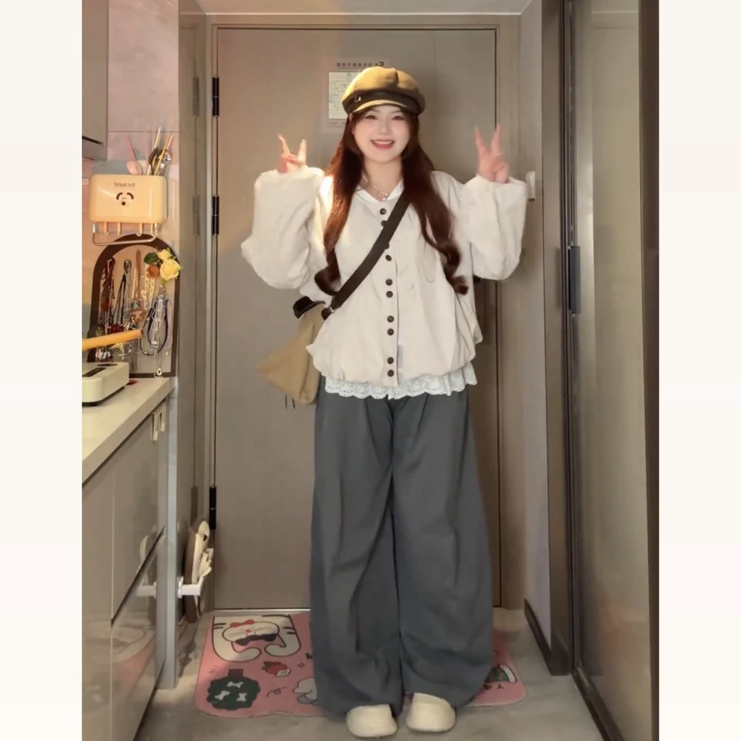 韩系外套蕾丝花边打底衫阔腿裤胖mm2025秋季款显瘦宽松套装0195