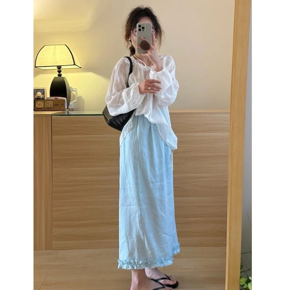 清纯系夏日多巴胺穿搭小个子俏皮活泼白色防晒衬衫花边半身裙套装