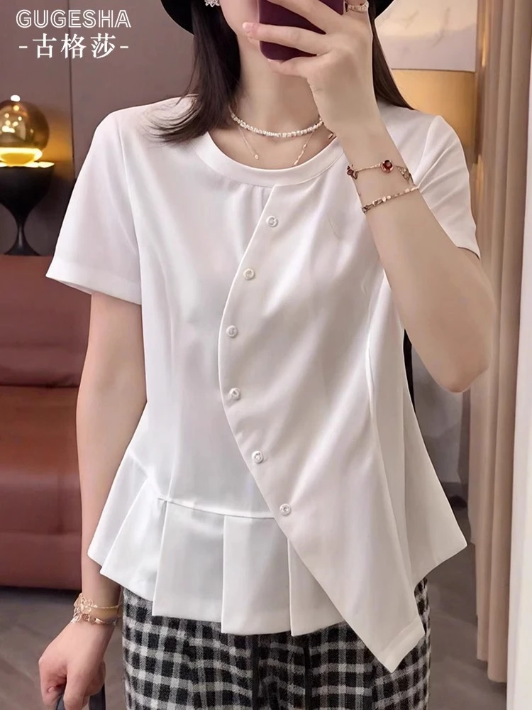 不规则百褶花边拼接T恤女2025夏季新款时髦洋气圆领短袖娃娃上衣