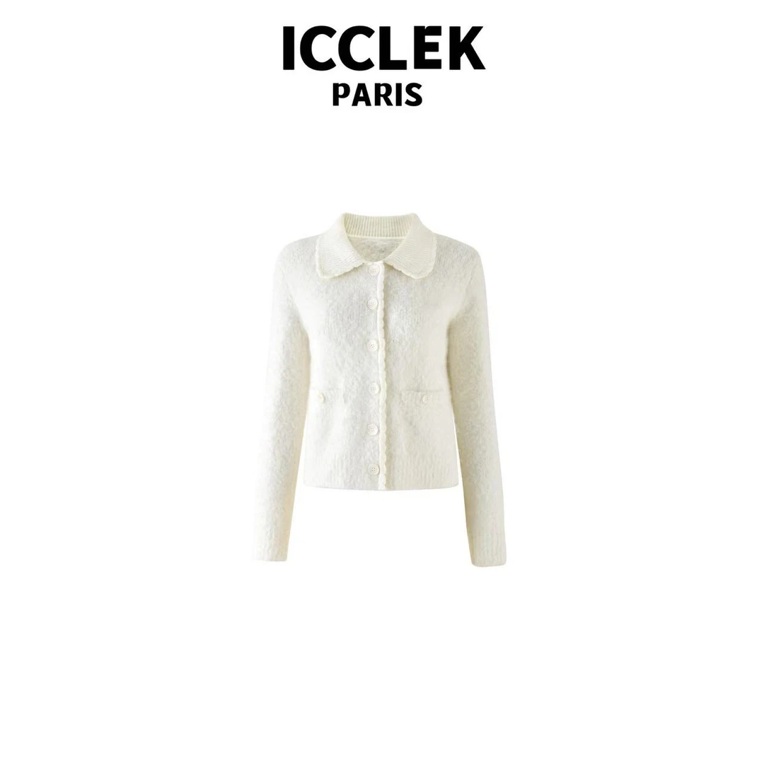【玲姐专属】ICCLEK 白色翻领长袖针织衫 气质 轻奢 名媛 -5094