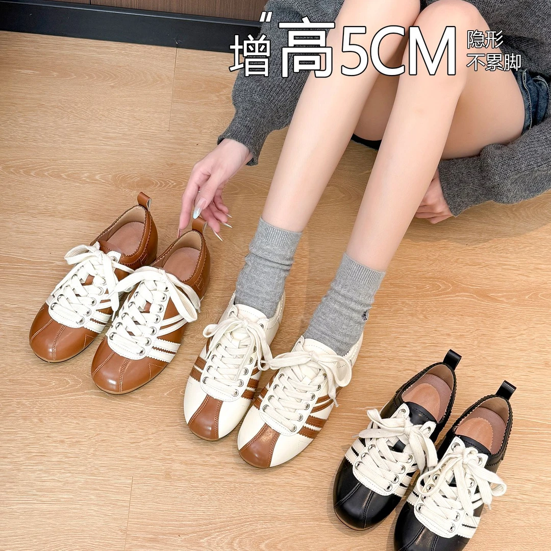 真皮复古拼色系带德训鞋女2025新款小众休闲风板鞋运动阿甘鞋单鞋